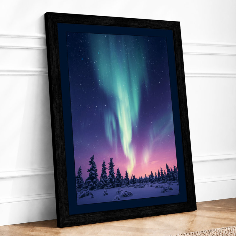 Aurora Over Silent Forest Scandinavian - Framed Print, A4 - 29.7 x 21.0 cm, Black