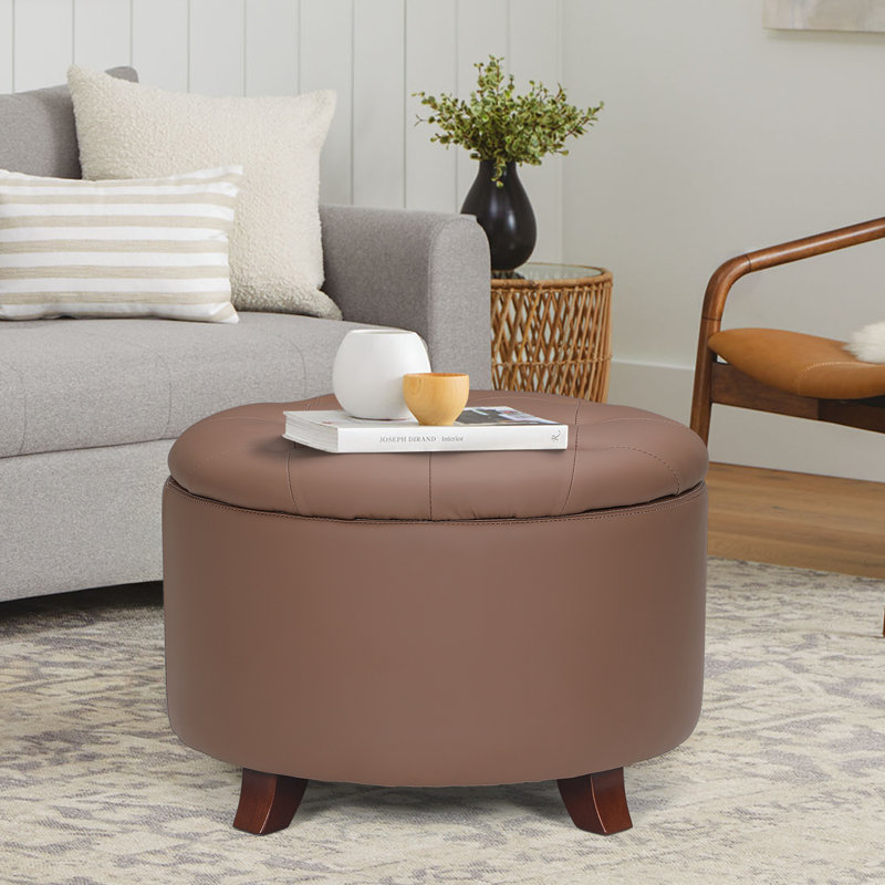 Storage Ottoman With Padded Seat, Modern PU Leather Footrest, Round Stool For Living Room Bedroom, Brown