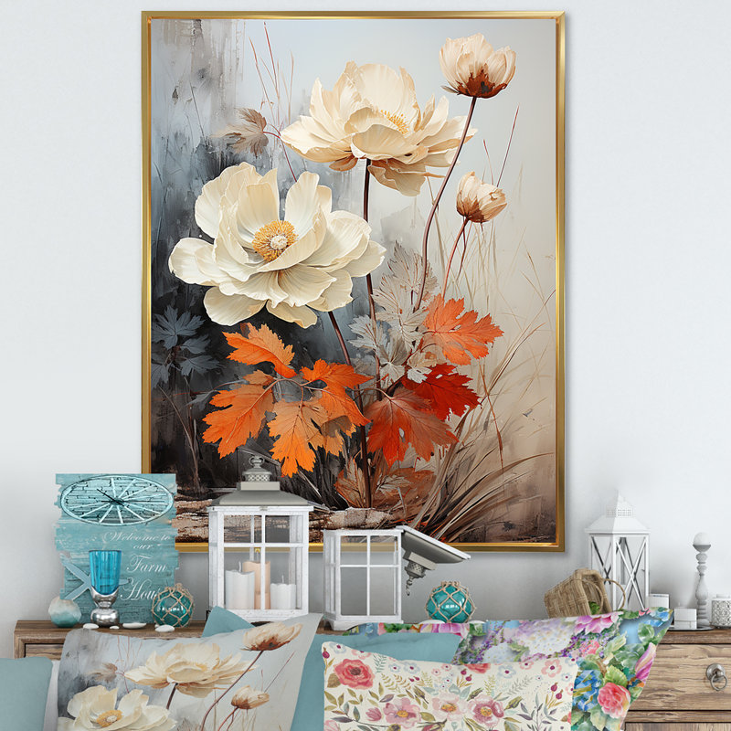 «White and Orange Vintage Dreamscape Botanicals», reproduction sur toile, H 40 po x l 30 po x P 1,5 po, Cadre flottant doré