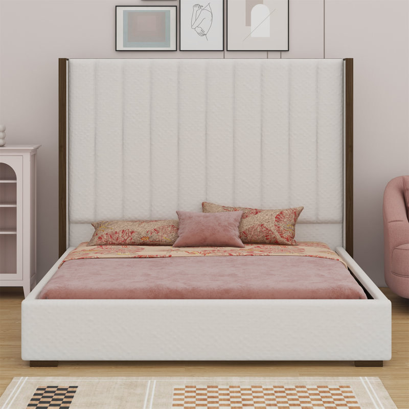 Tall Headboard Upholstered Bed With Vertical Striped And Wingback Design