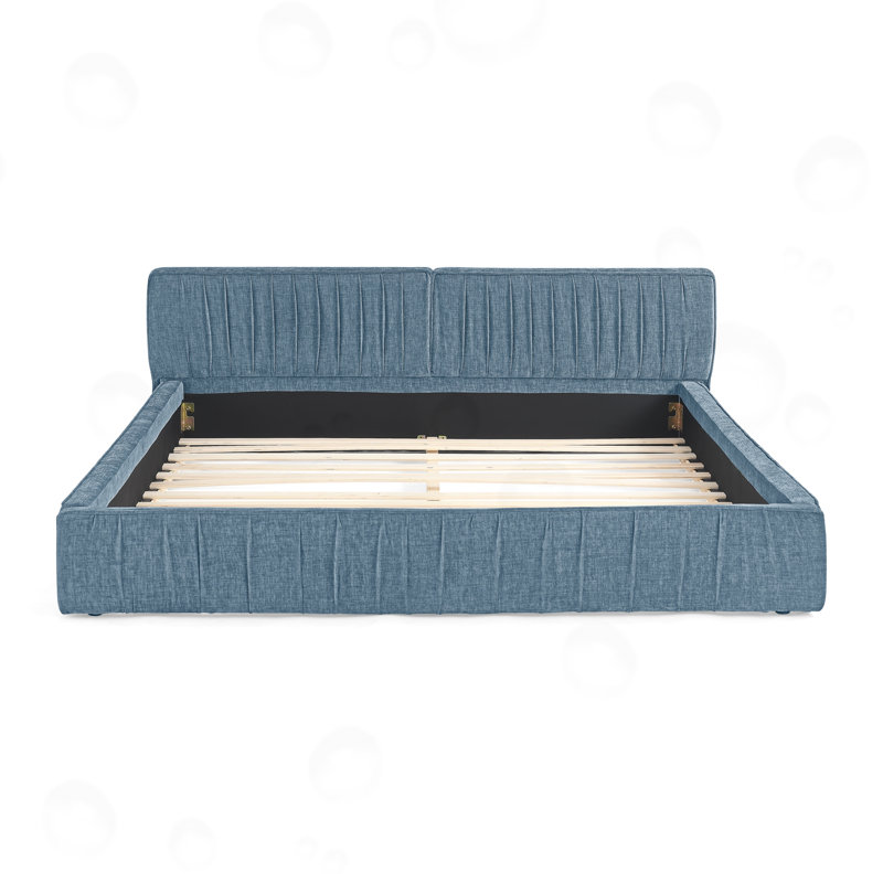 Structure de lit grand avec tissu en chenille plissé, Bleu très foncé
