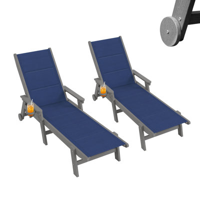 HDPE Outdoor Padded Chaise Lounge Set of 2 with 3D Textilene Sling Fabric, 5-Position Adjustable Reclining Patio Lounge Chairs with Wheels & Hidden Cup Holders