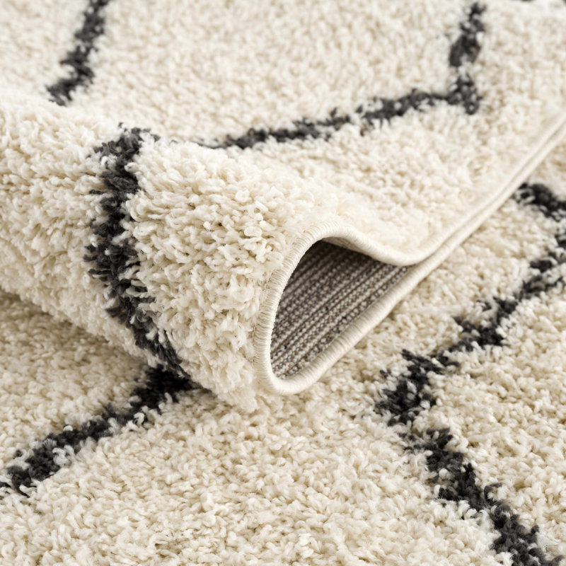 Adeeva Shaggy Performance Tasseled Cream/Black Area Rug, Rectangle 3'11" x 5'7"