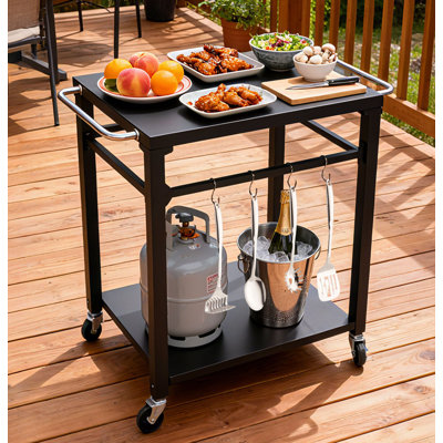 2-Tier Outdoor Grill Cart With Locking Wheels & Tool Hooks, Movable BBQ Prep Table, Rolling Serving Bar Cart For Patio, Backyard, Pizza Oven Stand, Black