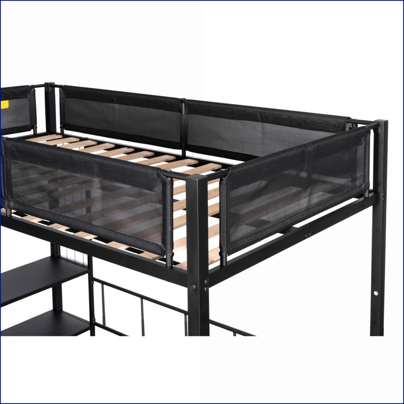 Lit superposé simple au-dessus d'un lit double en métal avec lit double séparé, tablettes à 2 niveaux, panneau quadrillé et amp; Garde-corps PVC-coated polyester - noir, lattes sans bruit