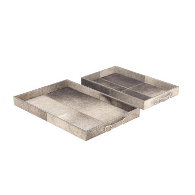  Arabella Leather Gray Wooden Handmade Cowhide Living Room Decor Tray with Slot Handles, Set of 2