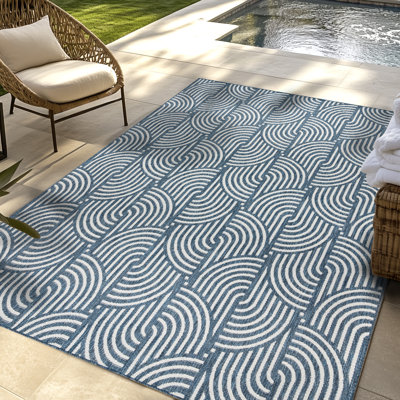 Savara Chryssi Navy Blue Ivory Cream Ivory Cream Modern Circles Indoor/ Outdoor Polypropylene Flatweave Area Rug