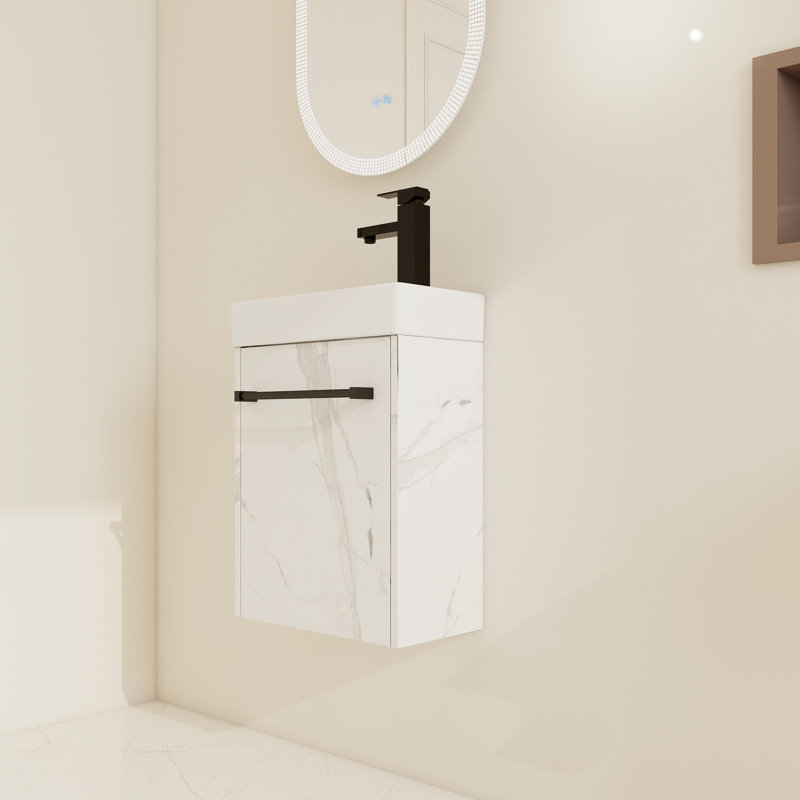 16" Small Single Wall-Mounted Bathroom Vanity with Ceramic Sink，Floating Bathroom Vanity with 1 Door, White
