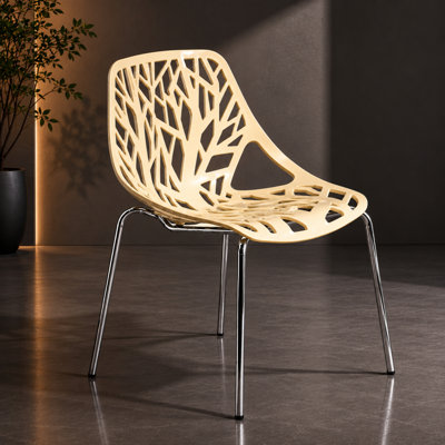 Chaise de salle à manger empilable Asbury avec dossier à découpes florales et pieds en acier inoxydable