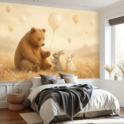 Peel and Stick Wallpaper Bear Bunny Friends White Balloons Sepia Meadow Wall Murals 69"H x 96"W Removable PVC Wall Paper Self-Adhesive Wall Decor for Bedroom Living Room Home Office