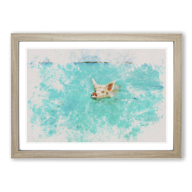 Swimming Pig - Picture Frame Painting, 48cm H x 65cm W x 2cm D, Oak Framed