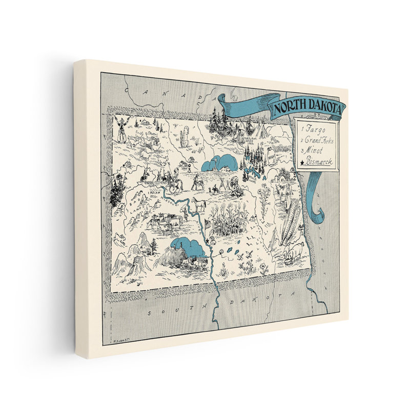 Carte illustrée de North Dakota, H 18 po x l 24 po, Canevas, Sans cadre
