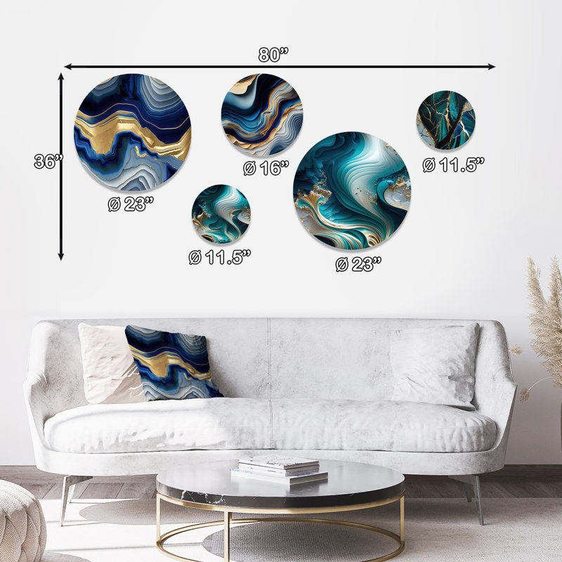 Ensemble de 5 décorations murales fluides bleues et dorées Art I