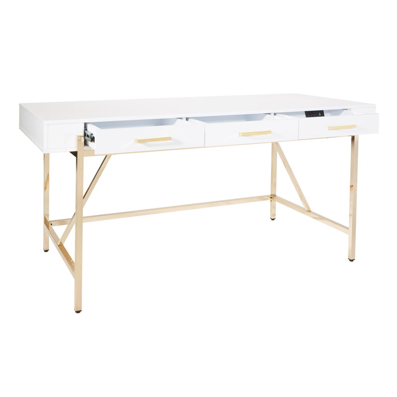 Bureau Vallee avec prises intégrées, Blanc/doré