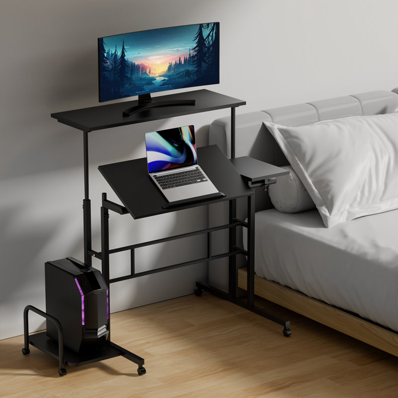 Mahjabeen Home Office Adjustable Rolling Computer Workstation Desk with Monitor Shelf and Host Rack Standing Laptop Table
