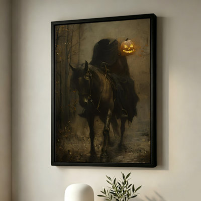 Cheval noir d'Halloween portant une citrouille lumineuse, tableau sur toile encadré, cadre blanc, 61 x 91 cm