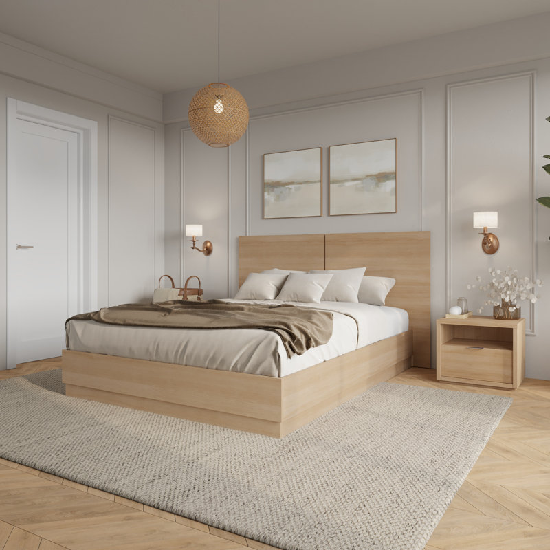 Ensemble de chambre à coucher 2 pièces avec tête de lit Dean, cadre de lit à lattes, 1 table de chevet, Beige, Grand