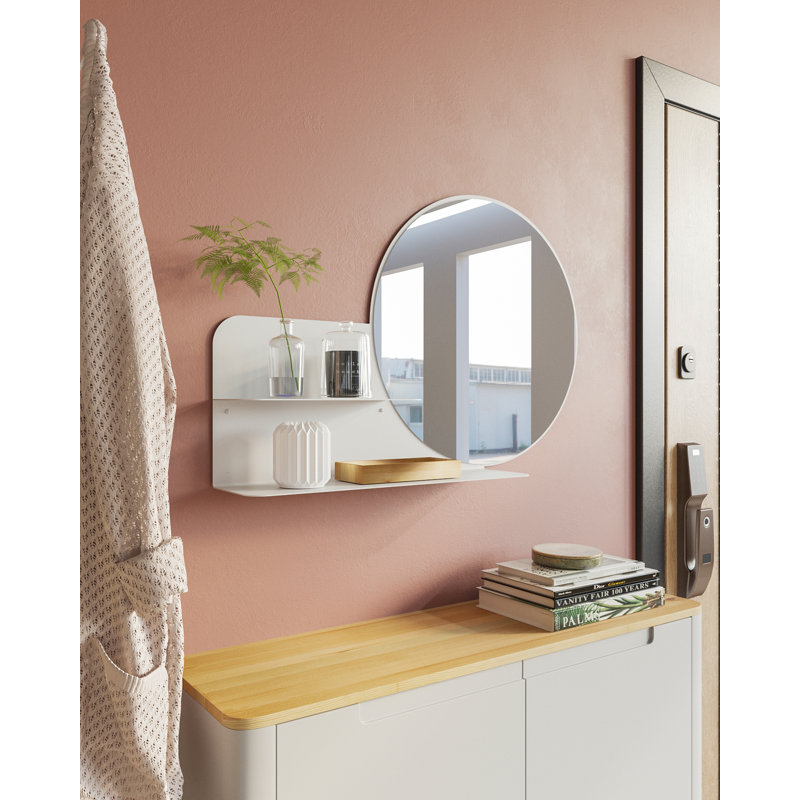 Metal Flat Wall Mirror with Shelves, White