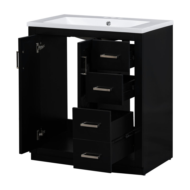 Meuble-lavabo de salle de bain de 30 po avec lavabo en résine - construction en bois massif, grande cuve noire de style rétro de grande qualité, abondante perspective