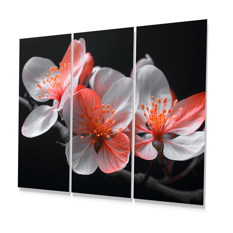 Fleurs de pommier blanches et rouges - Ensemble de salon d'art mural, Métal métal, H 28 po x l 36 po x P 1 po