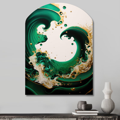 «Emerald Green and Gold Abstract Waves I», art mural spirales abstraites asymétriques, reproduction de sculpture murale en métal