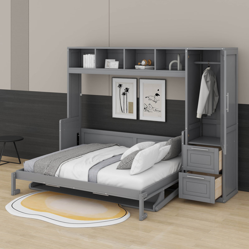 Grand lit escamotable mural avec tiroirs et garde-robe, Gris