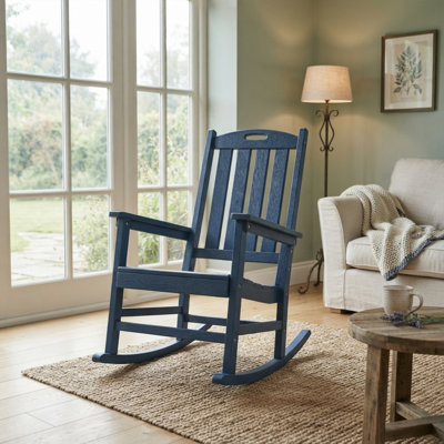 Chaise berçante en PEHD Adirondack, chaise berçante de patio toutes saisons avec dossier haut et siège à lattes, chaise berçante de véranda pour terrasse, bleu