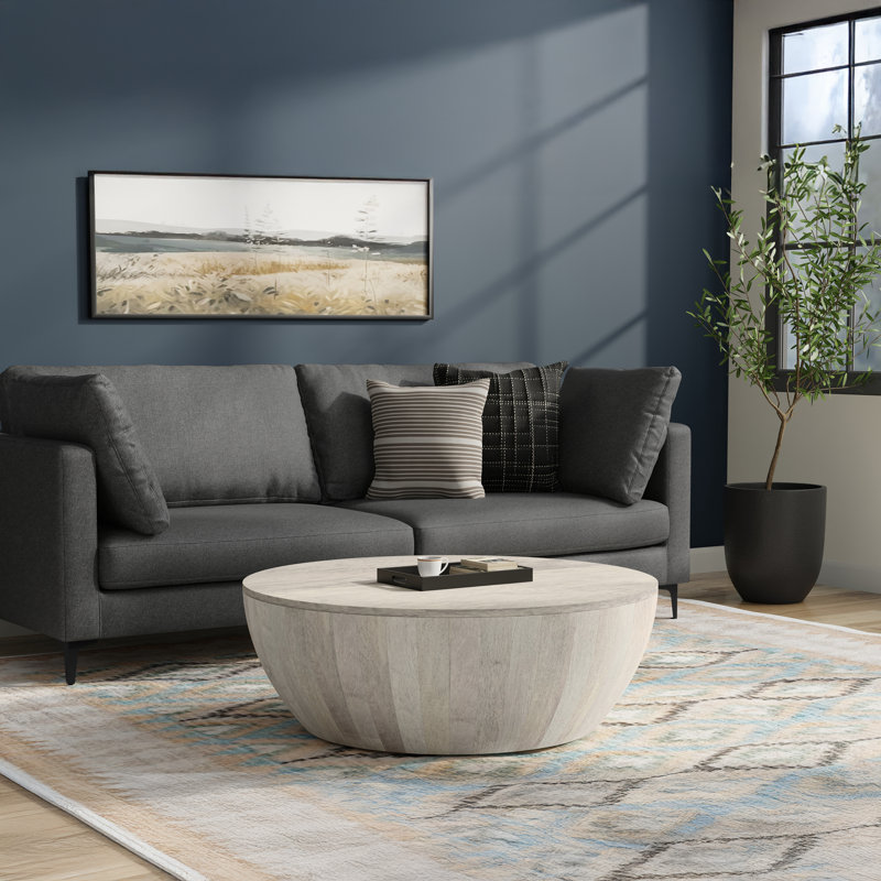 Elmbrook 34"W Solid Mango Wood Modern Industrial Round Drum Coffee Table, Fully Assembled, White Wash