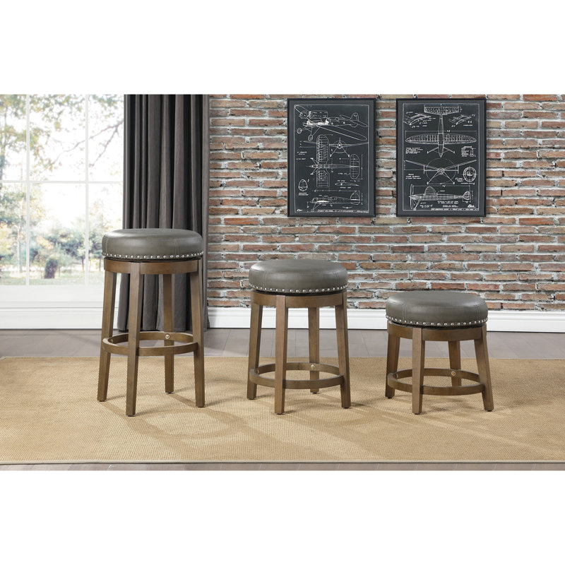 2 tabourets à hauteur de comptoir, siège pivotant en similicuir gris à 360 ° et garniture cloutée, structure en bois massif brun rustique, salle à manger à 360 ° Nature et cadre pour fasciner