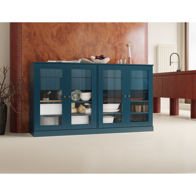 Buffet 100% bois massif 64 po avec portes en verre transparent, 4 tiroirs et tablettes réglables, Sarcelle