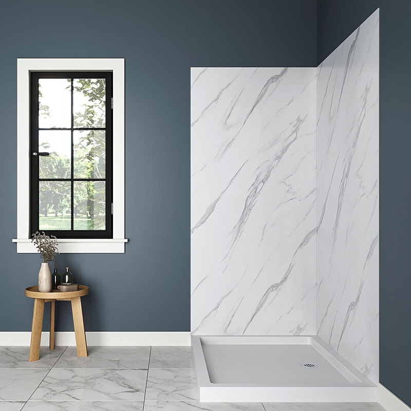 Streamline DSH-1220-118 36 in. L x 48 in. W x 76 in. H 2-Piece Glue-Up Corner Shower Wall Surround in White Marble Finish