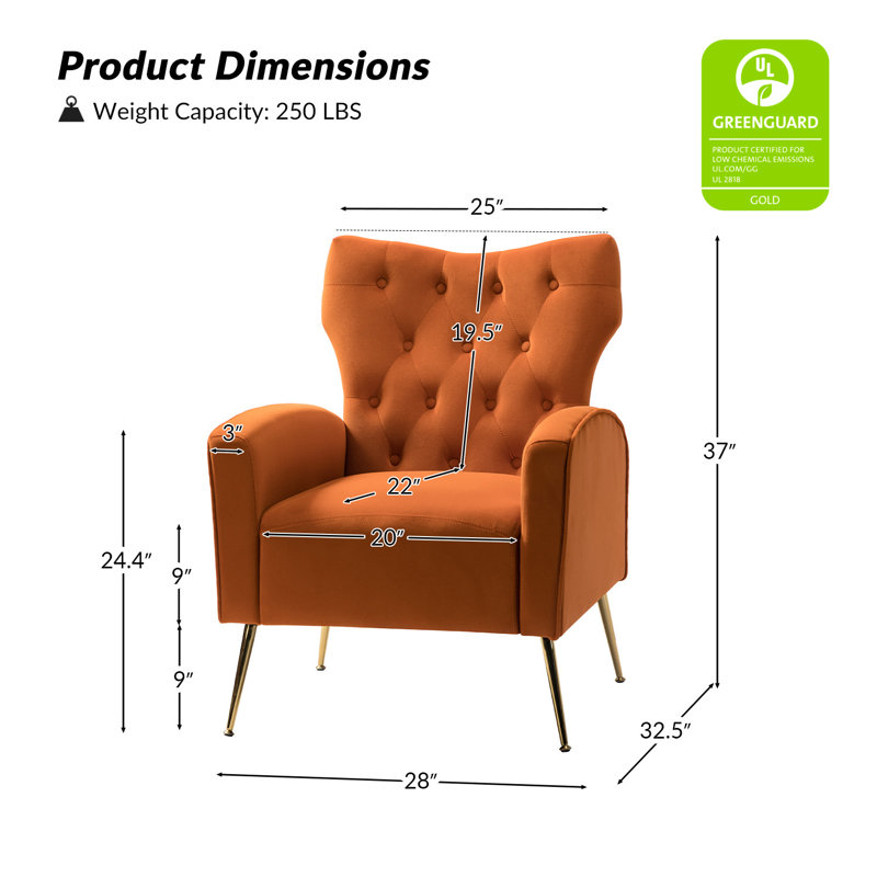 Consolata 37" H Velvet Wingback Chair with Button Tufting and Metal Legs, Orange Velvet