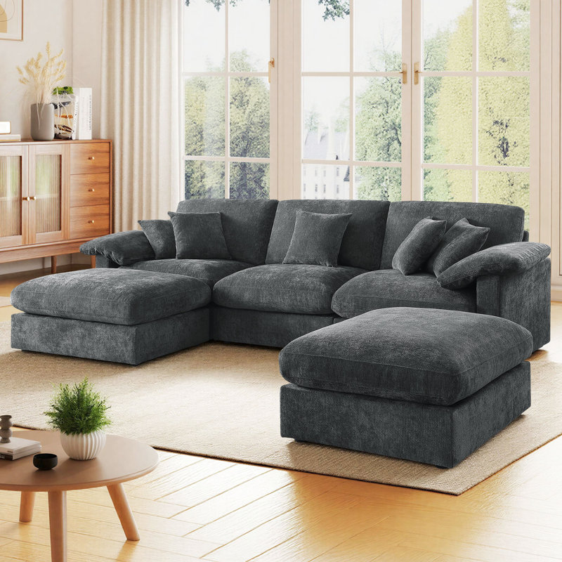 Canapé modulaire en L 112 po en forme de U de 112 po avec 5 coussins décoratifs et 2 repose-pieds, DarkGray