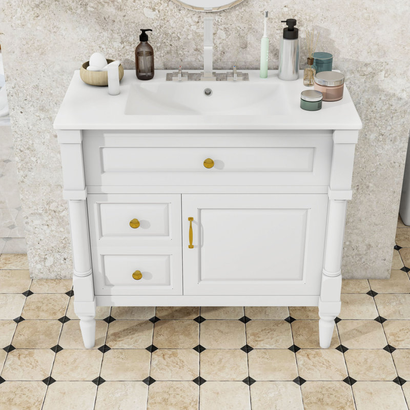 Meuble-lavabo 36 po avec lavabo, tiroirs de rangement et tablette réglable, Blanc