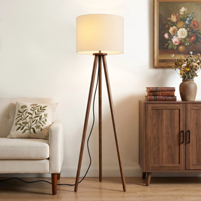 60.6 in. Modern Nordic Tripod Floor Lamp with Walnut Wood Base and Linen Lampshade for Living Room and Bedroom