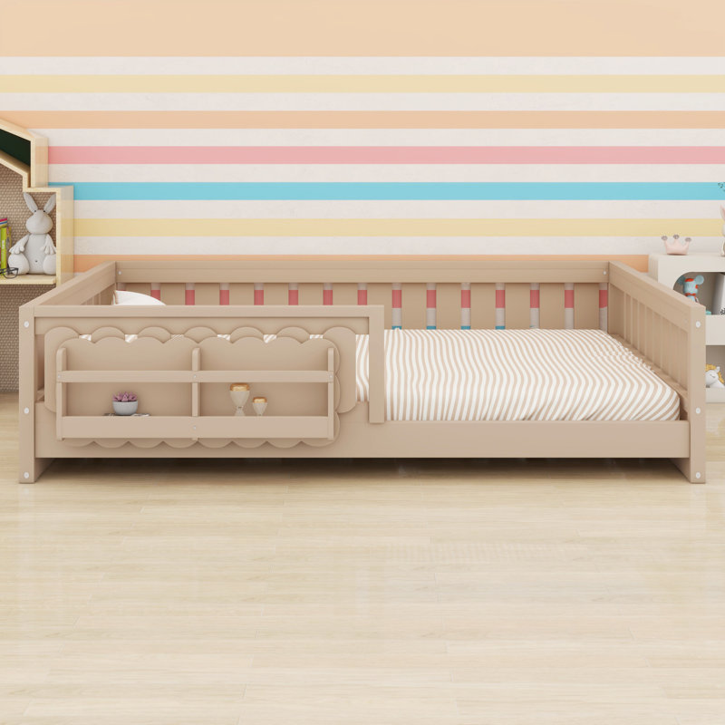 Low Profile Wood Platform Bed with Guardrail and Convenient Storage Shelves, Natural, Full