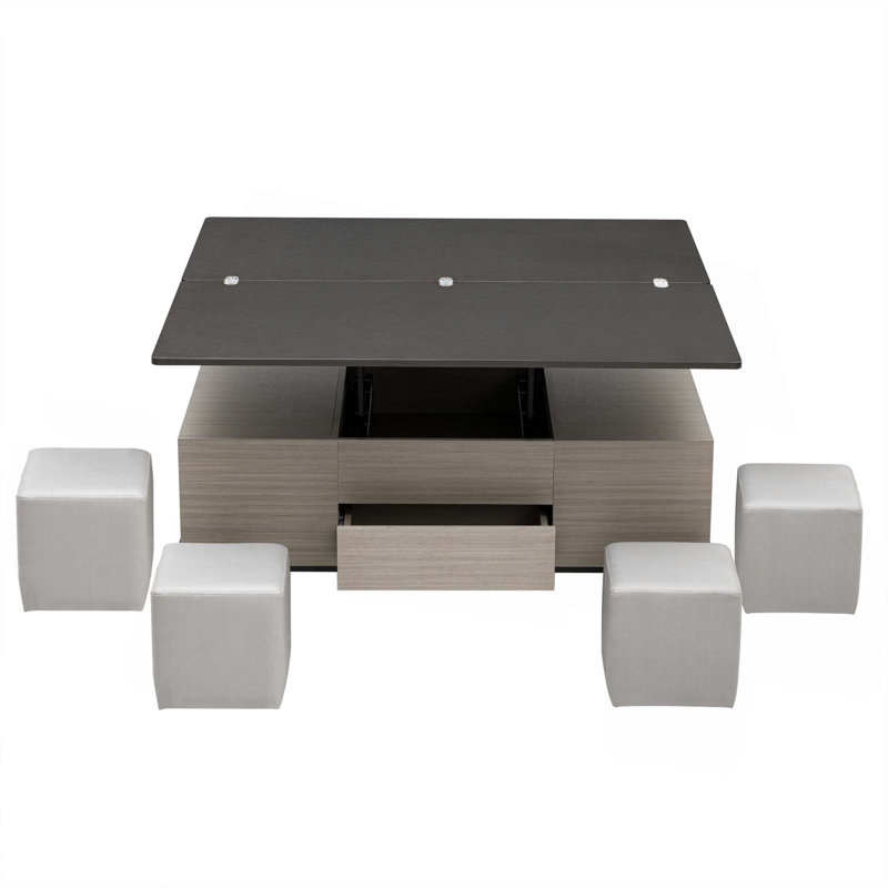 5 Pieces Lift Top Coffee Table Set With Storage Convertible Dining Table With Ottomans