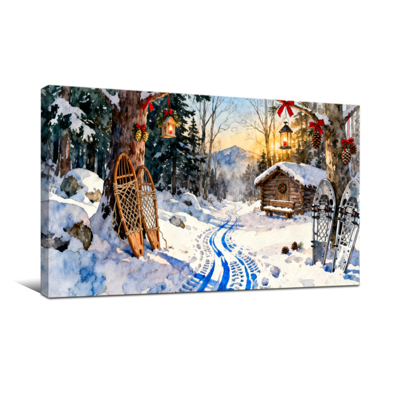 Christmas Winter Forest Cabin Snowshoes Lanterns, 20" H x 40" W