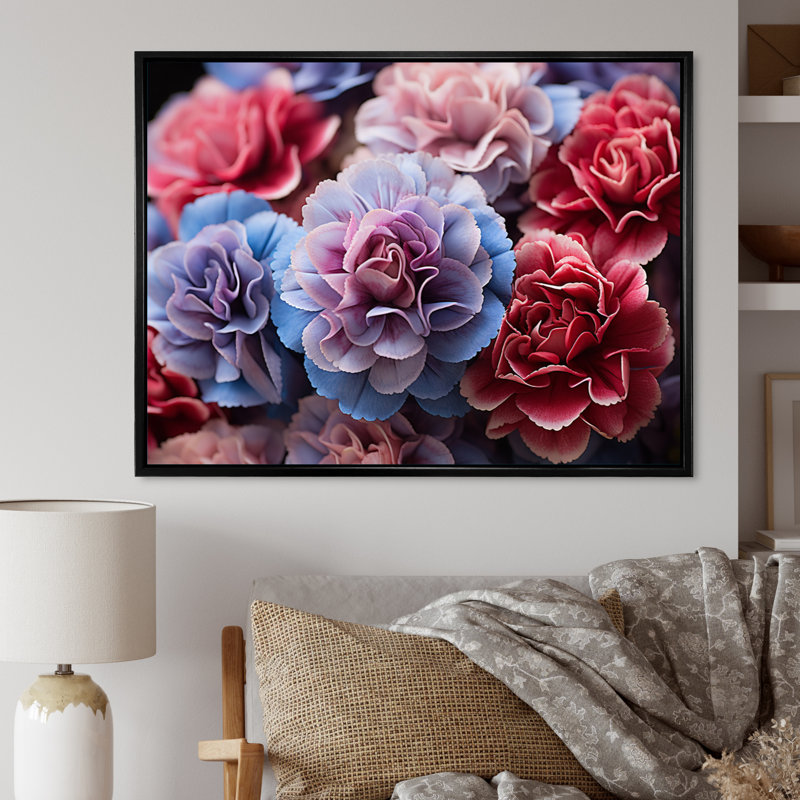 Marcellas " Carnations Field Vibrant III ", 12" H x 20" W, Black Floater Framed