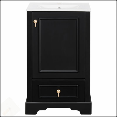 Meuble-lavabo de 20 po avec lavabo en céramique, porte à fermeture en douceur, tablette ajustable en forme de U, tiroir de compartiment et support de porte, style moderne, conception peu encombrante