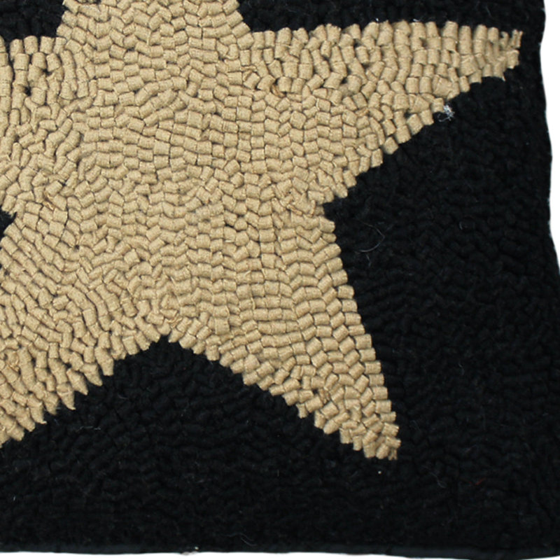 Black and Tan Hooked Wool Star Pillow Cover 14" x 14"