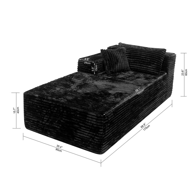 Canapé modulaire noir avec méridienne réversible en velours côtelé moelleux, aucun assemblage requis, petit canapé 2 places