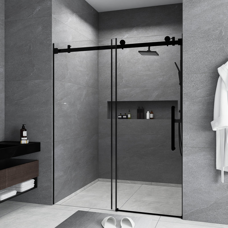 56-60 "W X 76" H Frameless | Single Sliding | Shower Door | 1/4 Inch Transparent Glass With Explosion Proof Film | Stainless Steel Handle | Square Tube Track | Matt Black