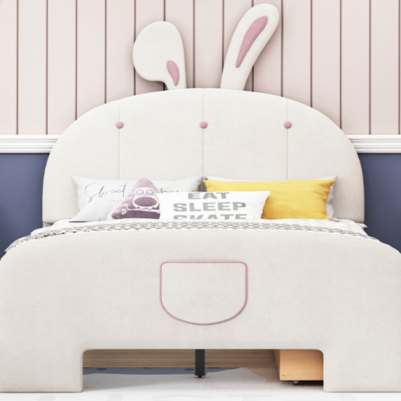 Lit plateforme double en velours avec tête de lit en forme de lapin, avec tiroirs, avec poche de rangement pour le lit, cadre de lit