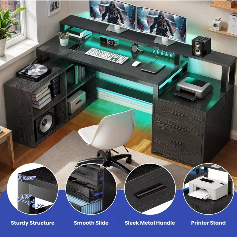 Balconera 65'' L Shaped Desk With Power Outlets, LED Lights & Monitor Stand, Black