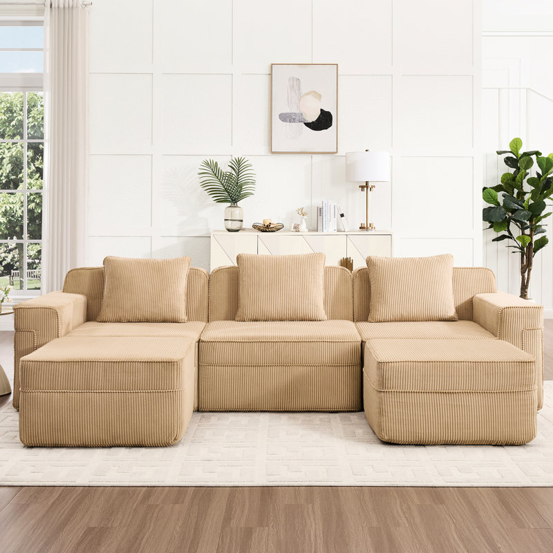 Canapé d'angle modulaire 3 places sans structure, tissu velours côtelé camel Cloud, sans montage, coussins décoratifs, mousse à mémoire de forme haute élasticité, forme en U, camel, assise confortable, large