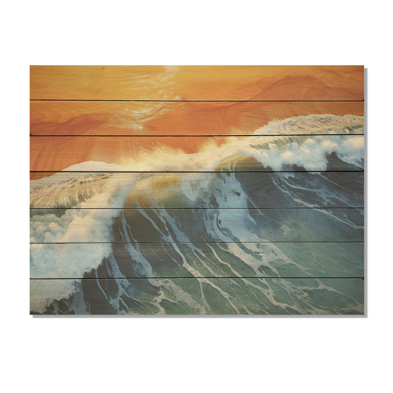 Blue And Orange Beach Aerial View III - Beach On Wood Print, 10" H x 20" W x 0.78" D