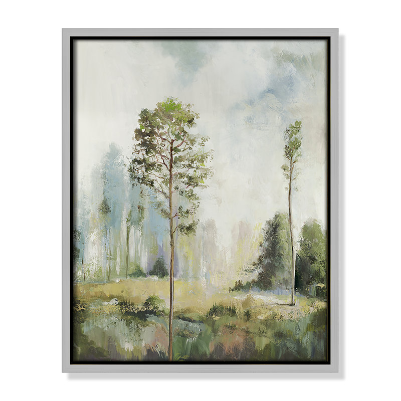 Teton Tall Green Trees I by Teton Pearce - Floater Frame Print on Canvas, 15.5" H x 12.5" W, Silver