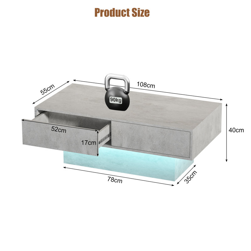 Daphne 108x55x40cm Rectangular Coffee Table with 2 Drawers, LED Lights