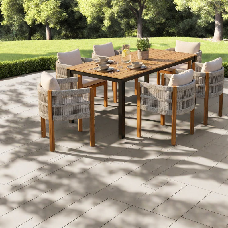Grands ensembles de salle à manger de patio modernes, chaises en corde de bois d'acacia 7 pièces pour la cour